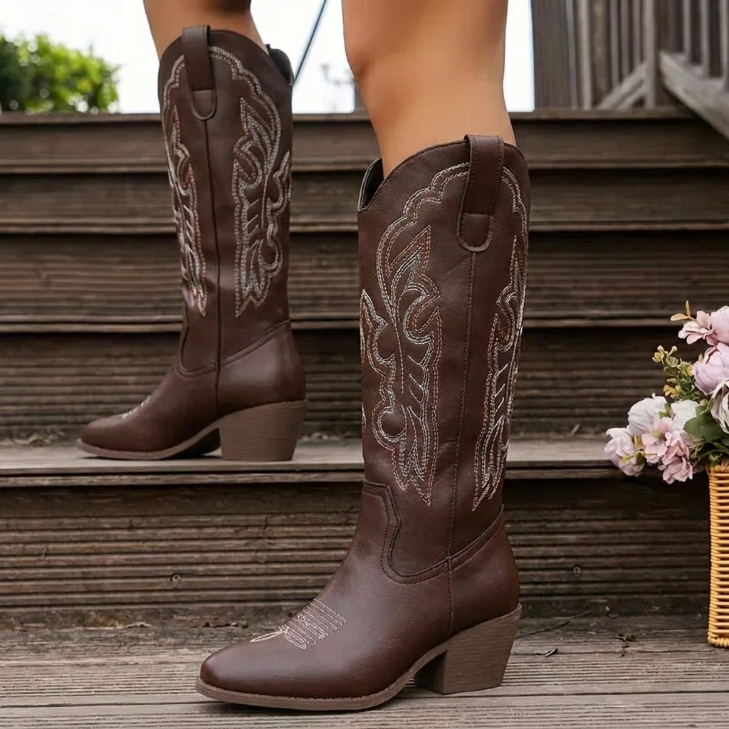 Women's Cowgirl Boots Embroidered Knee-High Block Heel
