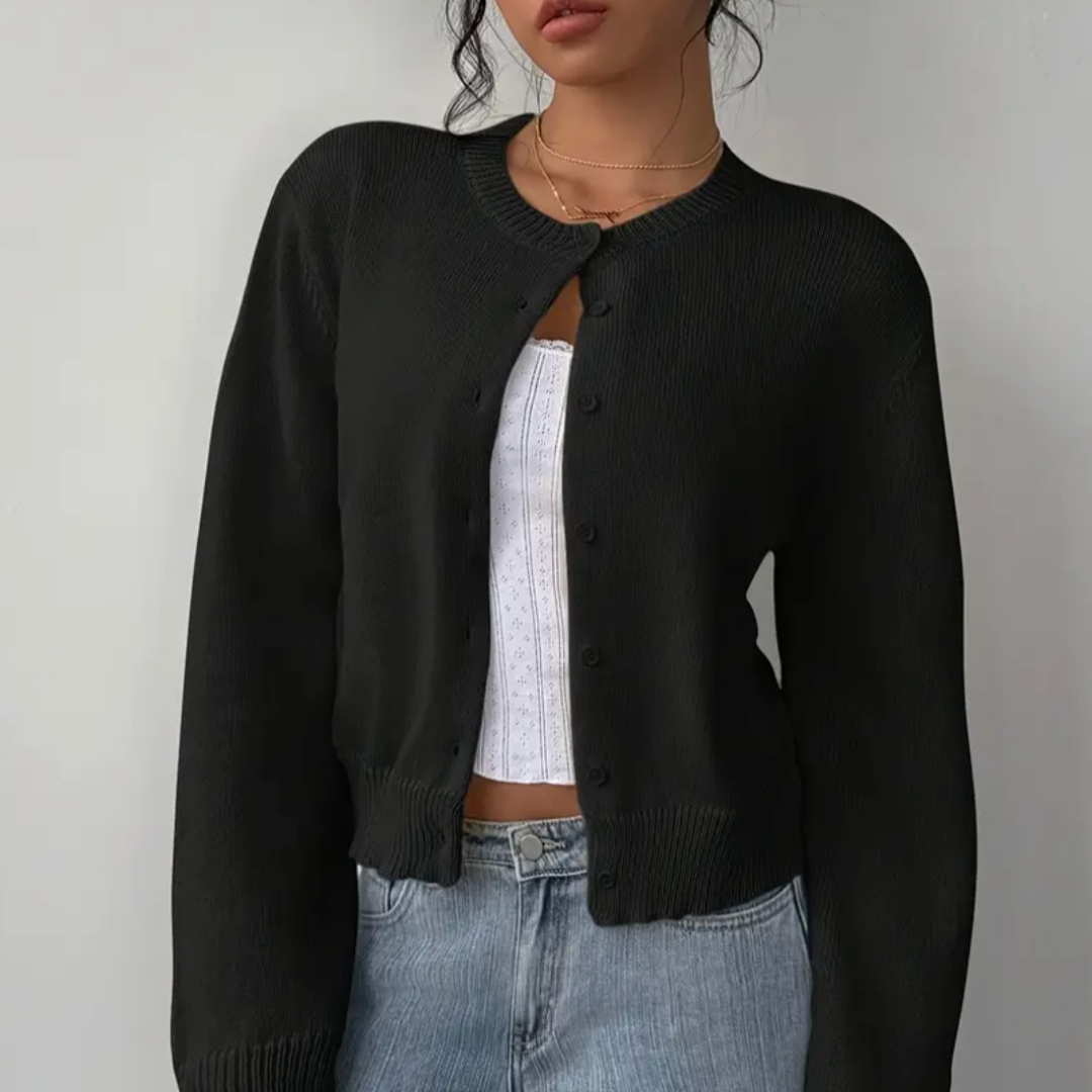 Women's Cropped Knit Cardigan Ribbed Trim Button Up