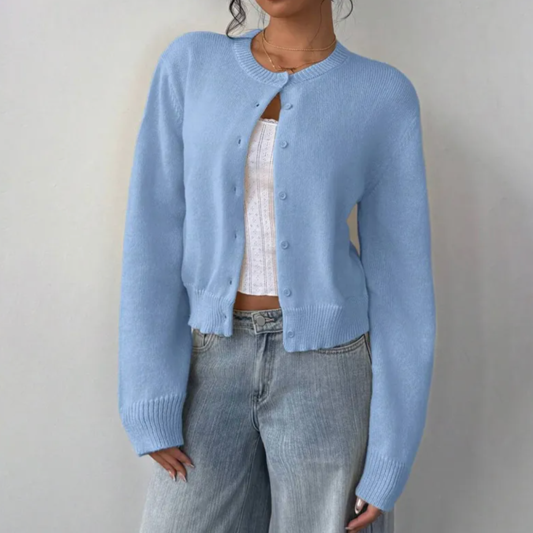 Cárdigan corto de punto para mujer, ribetes acanalados y cierre de botones
