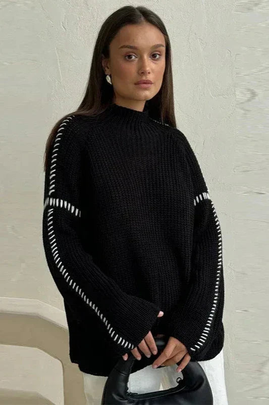 Women's Chunky Oversized Mock Neck Jumper with Contrast