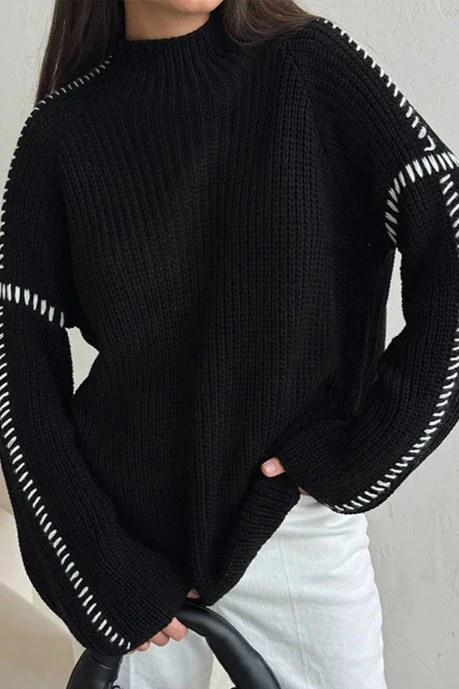 Women's Chunky Oversized Mock Neck Jumper with Contrast