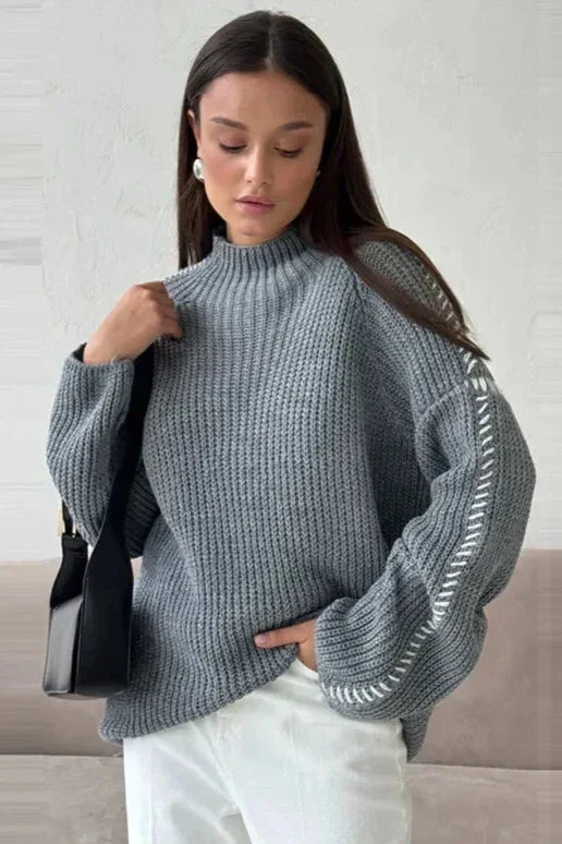 Women's Chunky Oversized Mock Neck Jumper with Contrast