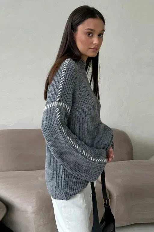 Women's Chunky Oversized Mock Neck Jumper with Contrast