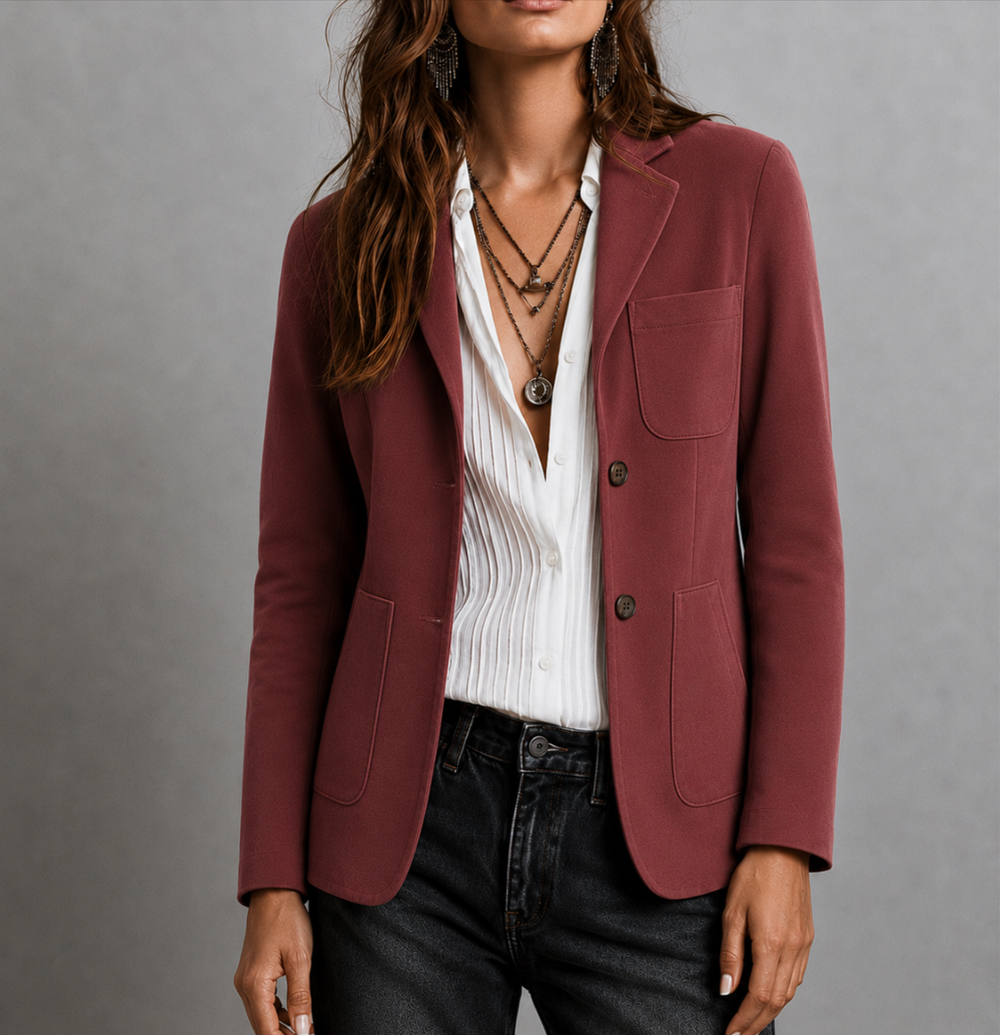 Blazer de ante sintético para mujer, solapa de muesca y bolsillos de parche
