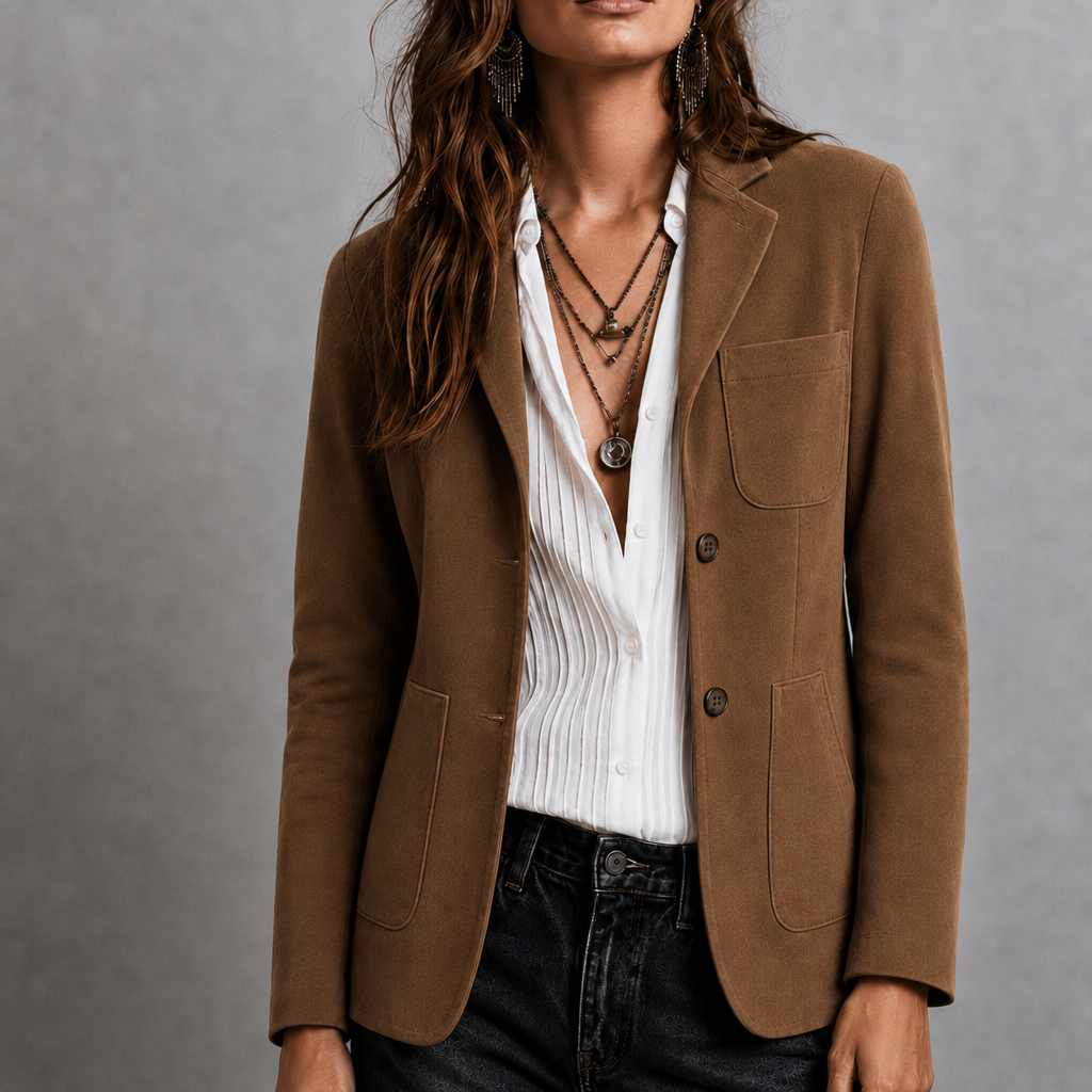 Blazer de ante sintético para mujer, solapa de muesca y bolsillos de parche
