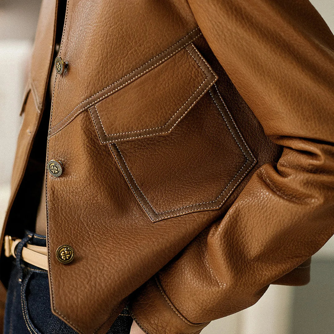 Women's Cropped Faux Leather Blazer Lapel Collar Seam Accents