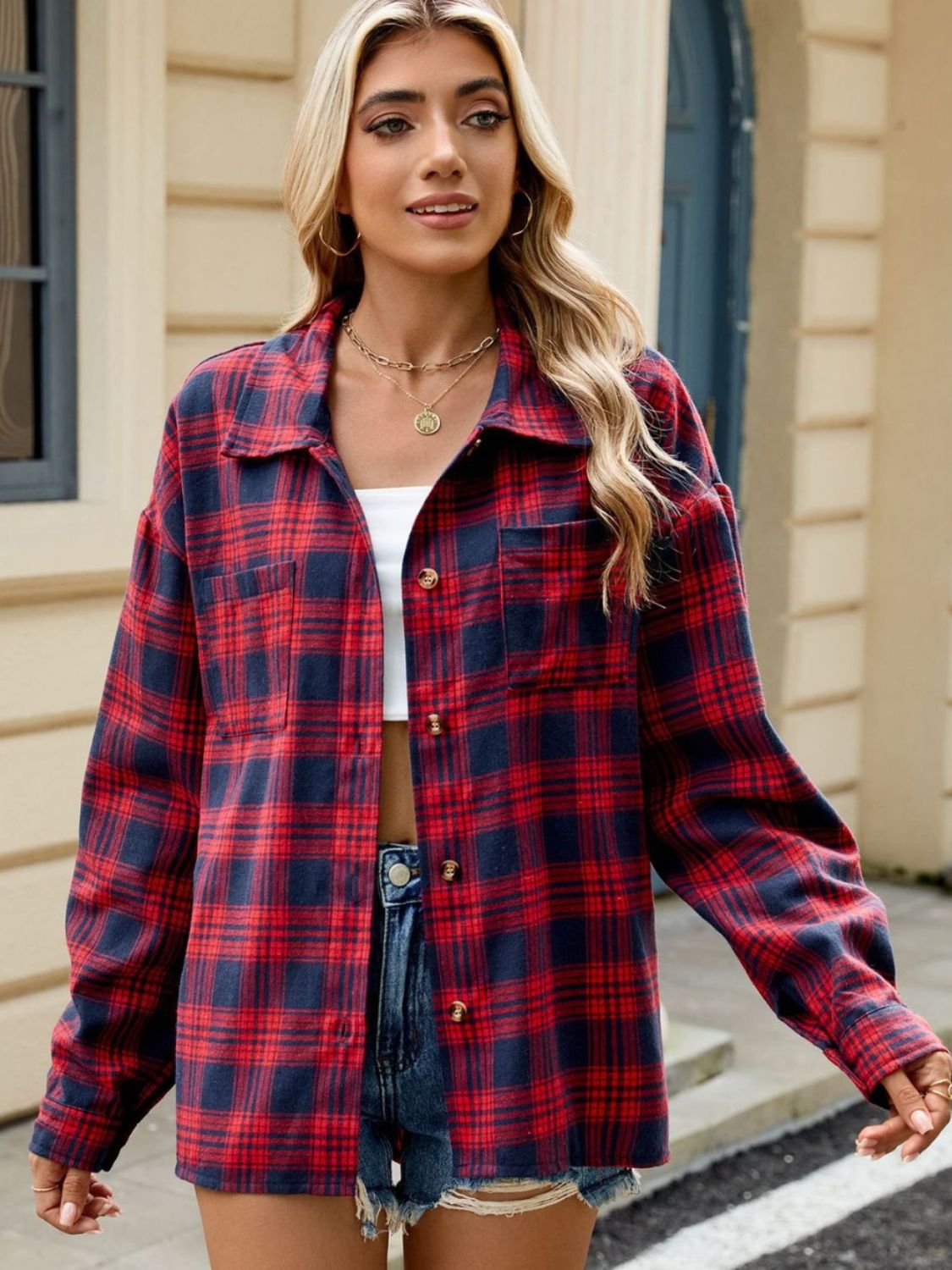 Women's Check Blouse Structured Collar Long Sleeve