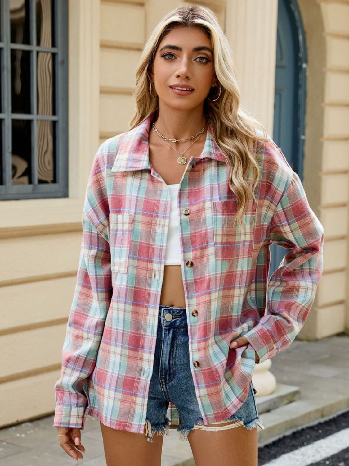 Women's Check Blouse Structured Collar Long Sleeve