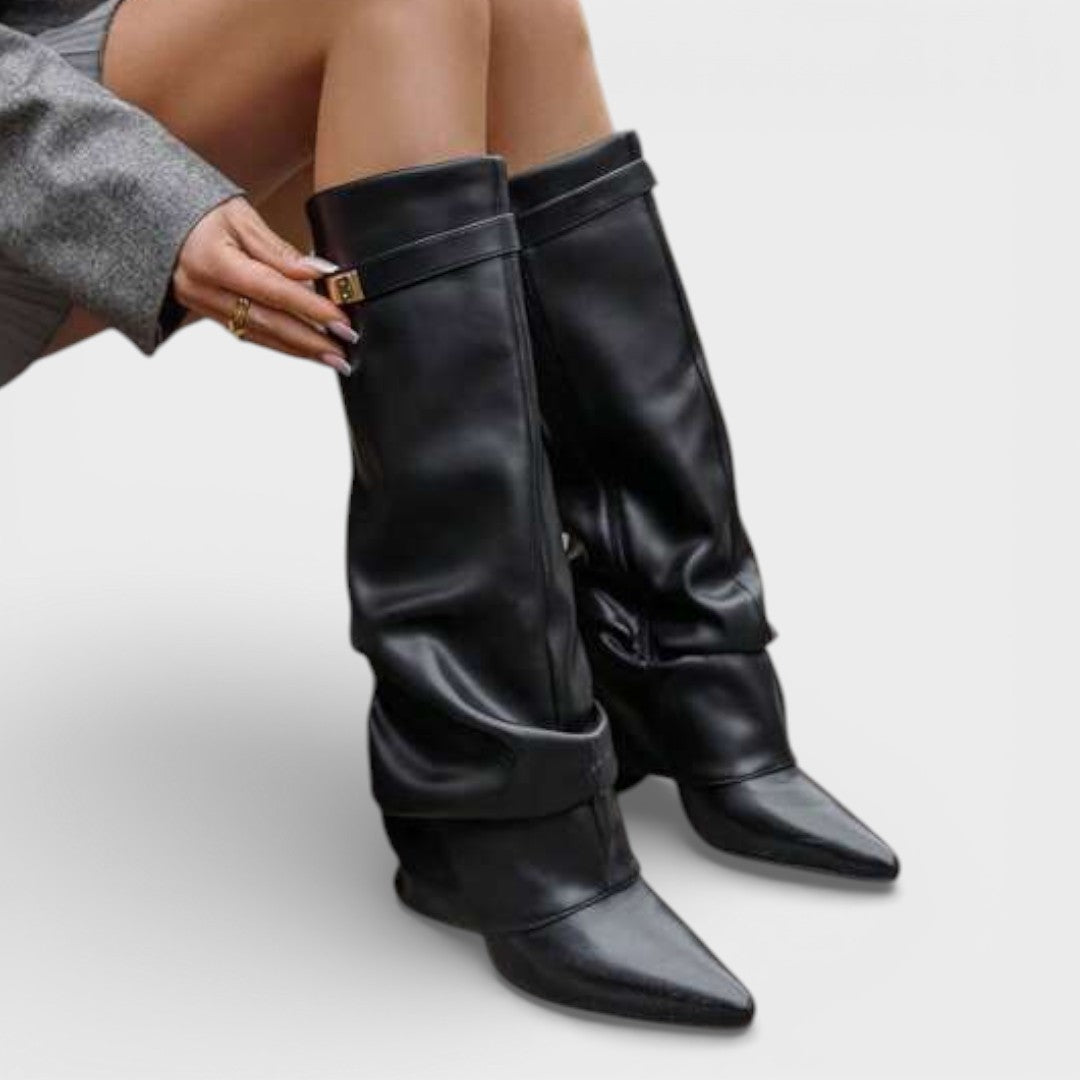 Bottes montantes femme à bout pointu, talon bas froncé et boucle