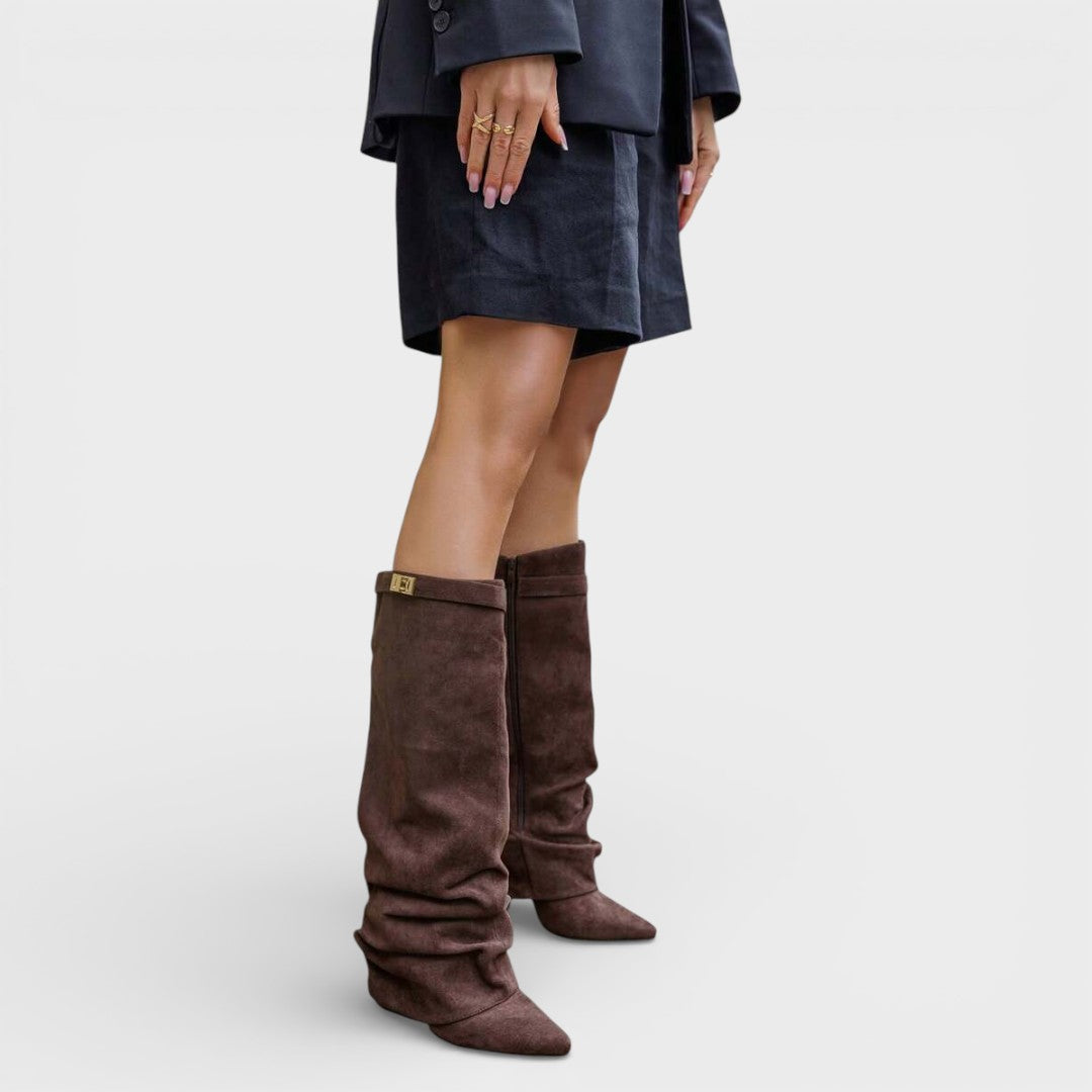 Bottes montantes femme à bout pointu, talon bas froncé et boucle