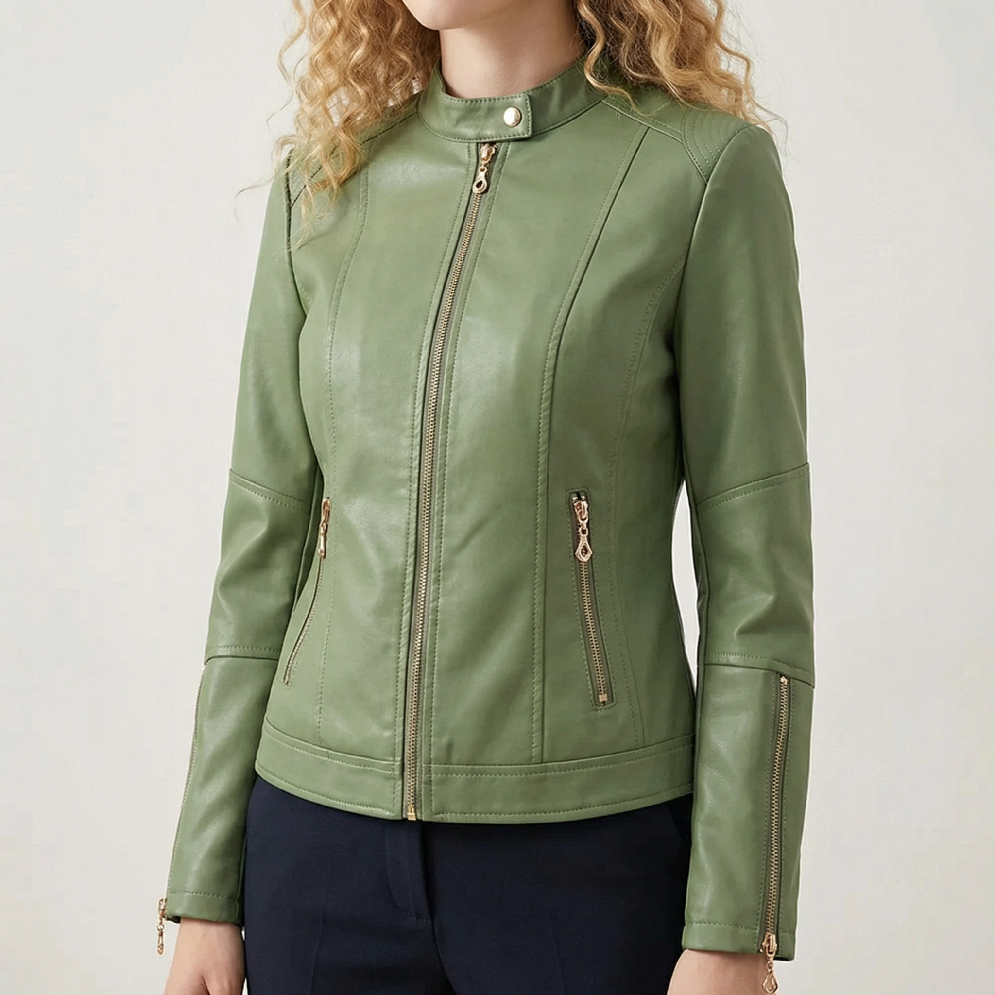 Women's Faux Leather Biker Jacket Decorative Buttons Windproof