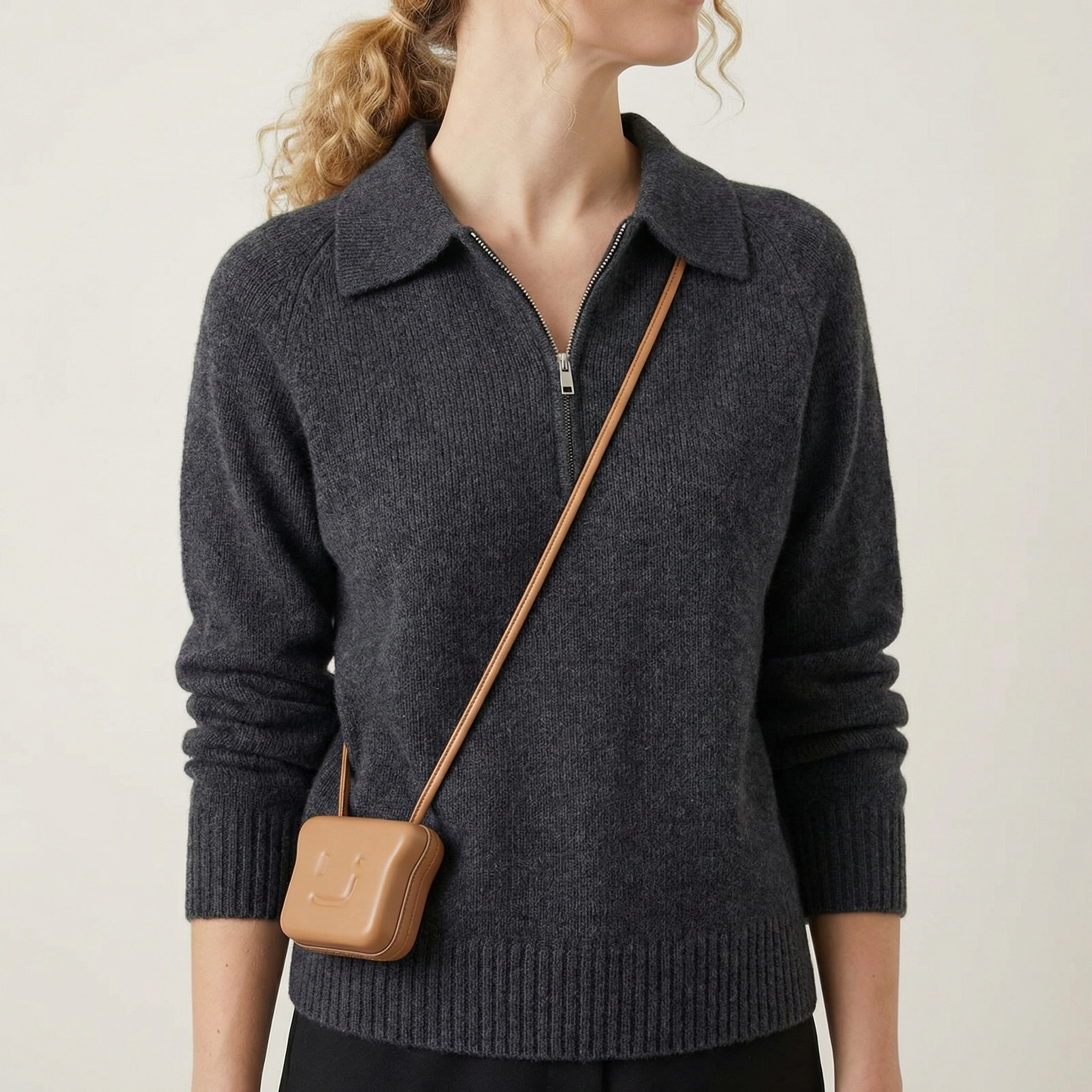 Women's Half-Zip Sweater Cotton-Blend Polo Collar