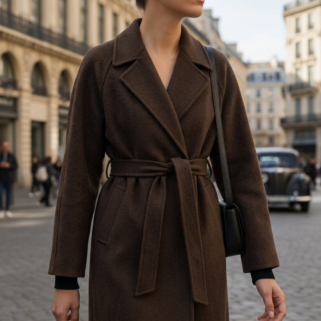 Women's Wool-Blend Coat Notched Collar Belted