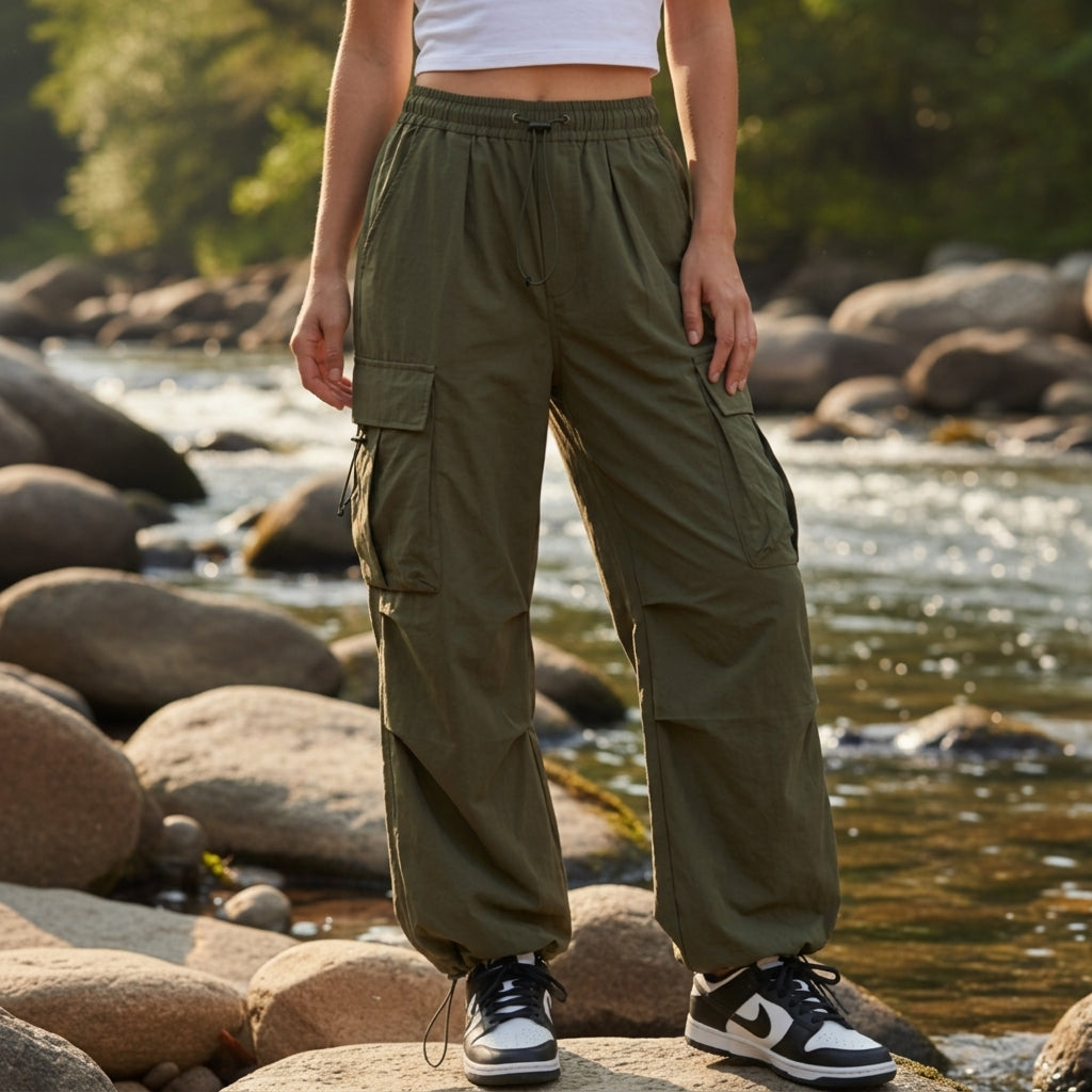Women's Cotton Cargo Pants Wide-Leg Drawstring Waist