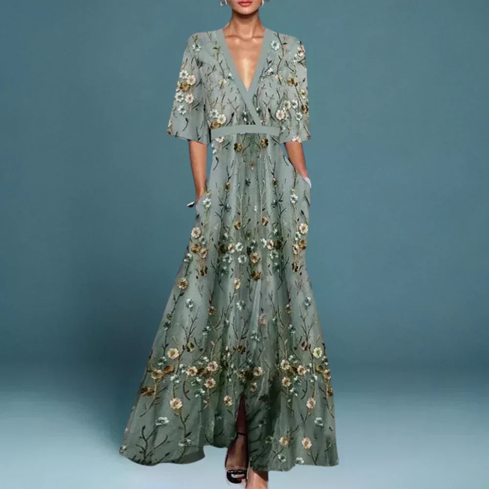 Hazel - Vestido largo floral con cinturón y escote en V