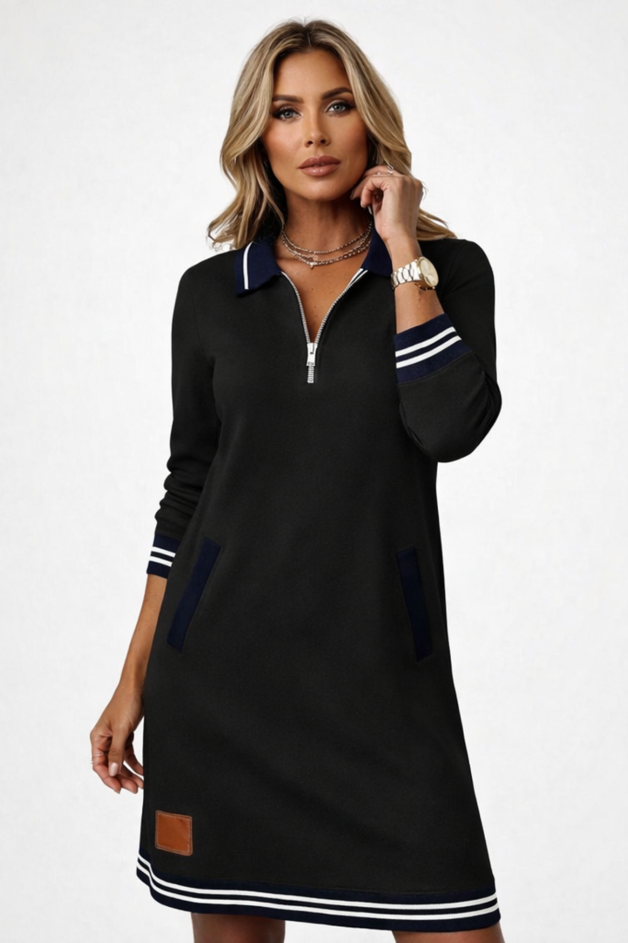 Women's Sweater Dress Zip Collar Long Sleeve Straight Cut