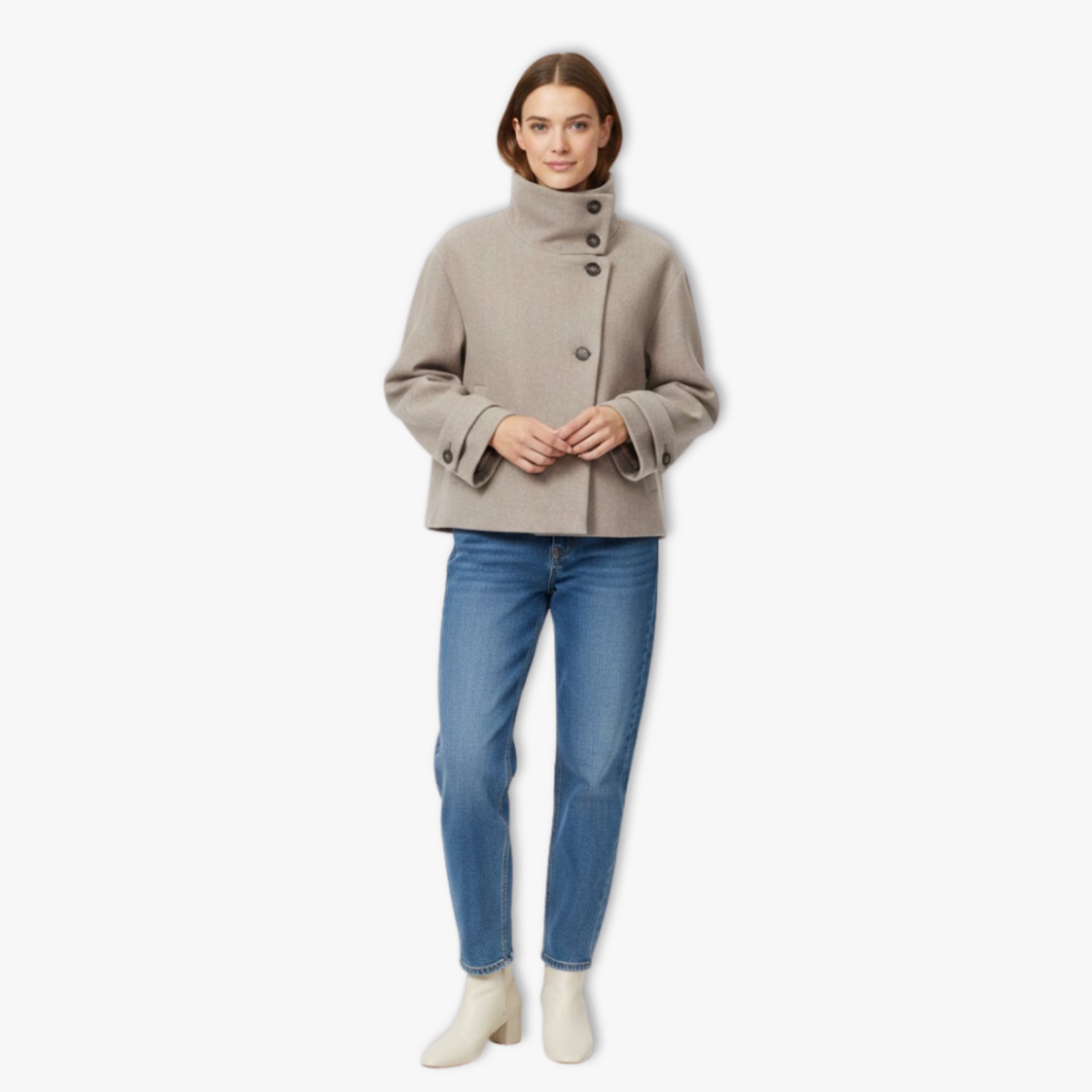 Women's Relaxed Coat High Neck Buckle Detail Long Sleeve