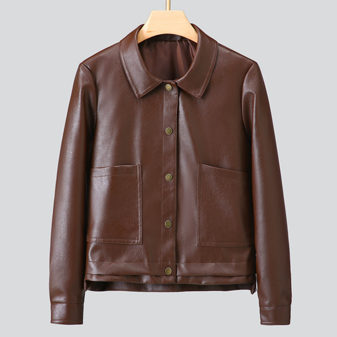 Women's Faux Leather Jacket Collared Button-Up Smooth