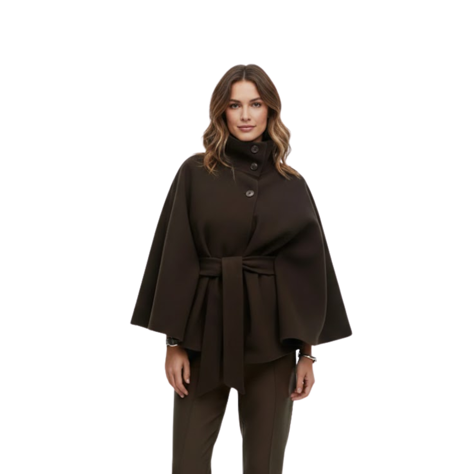 Women's Cape Coat High Neck Belted Asymmetric Closure