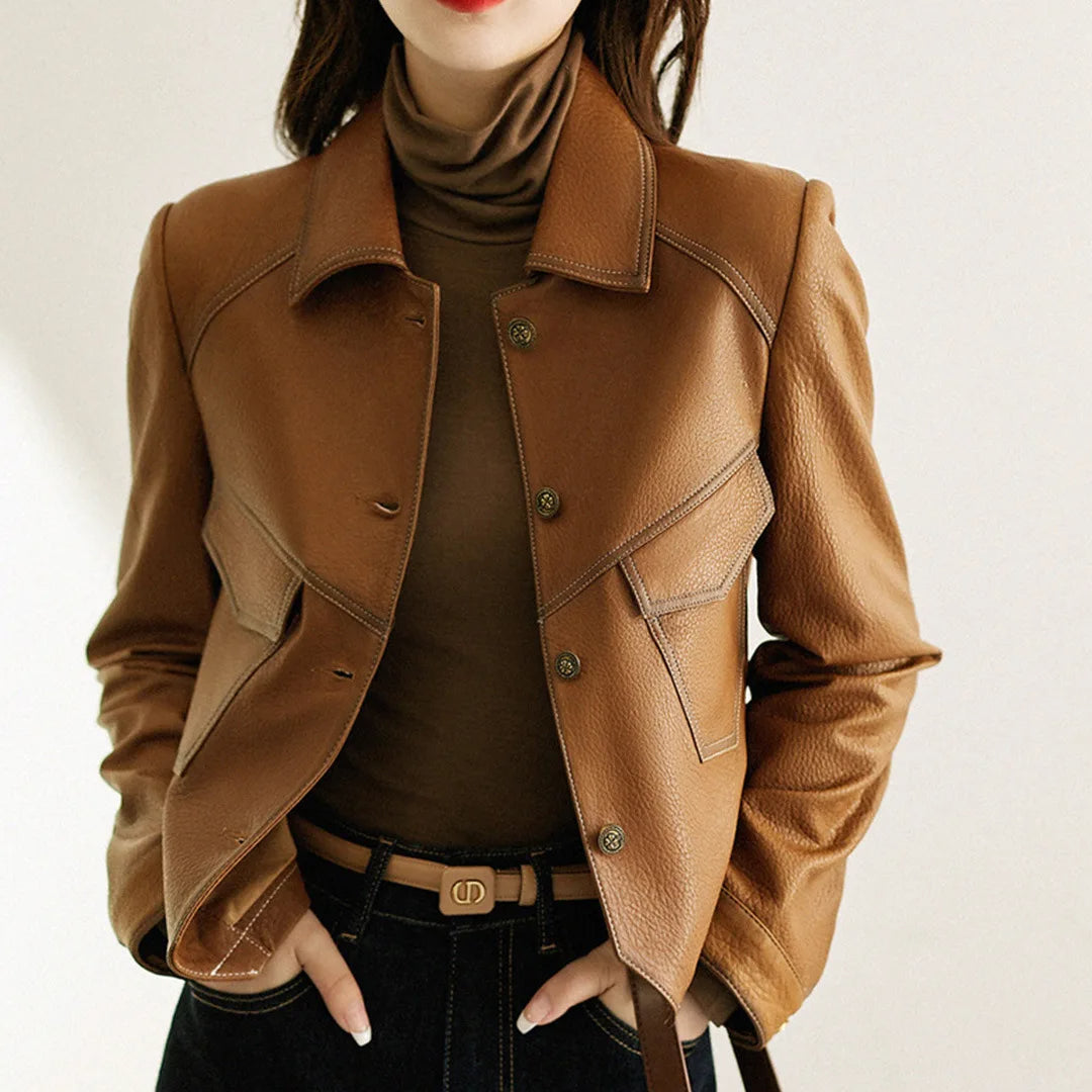Women's Cropped Faux Leather Blazer Lapel Collar Seam Accents