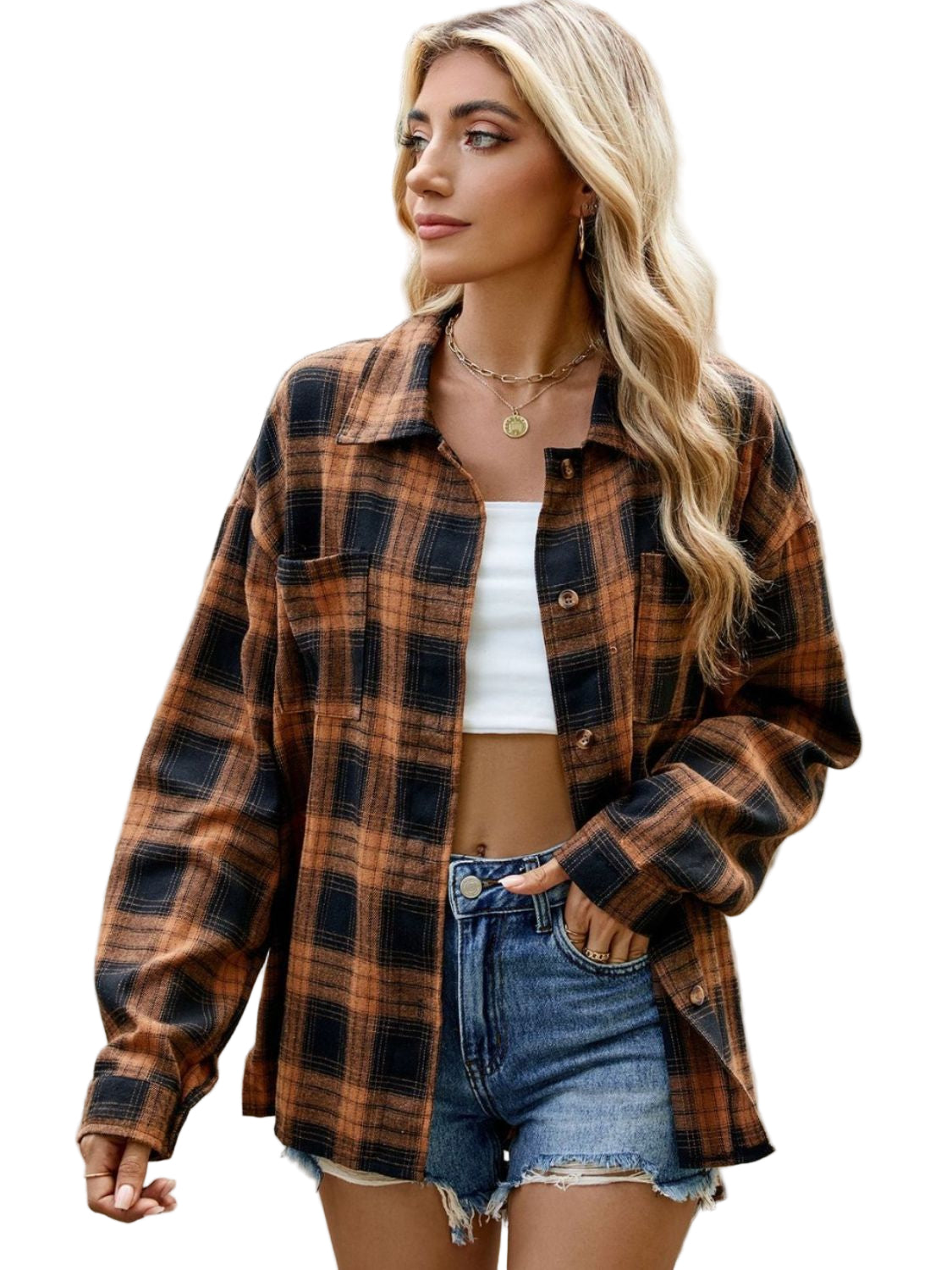 Women's Check Blouse Structured Collar Long Sleeve