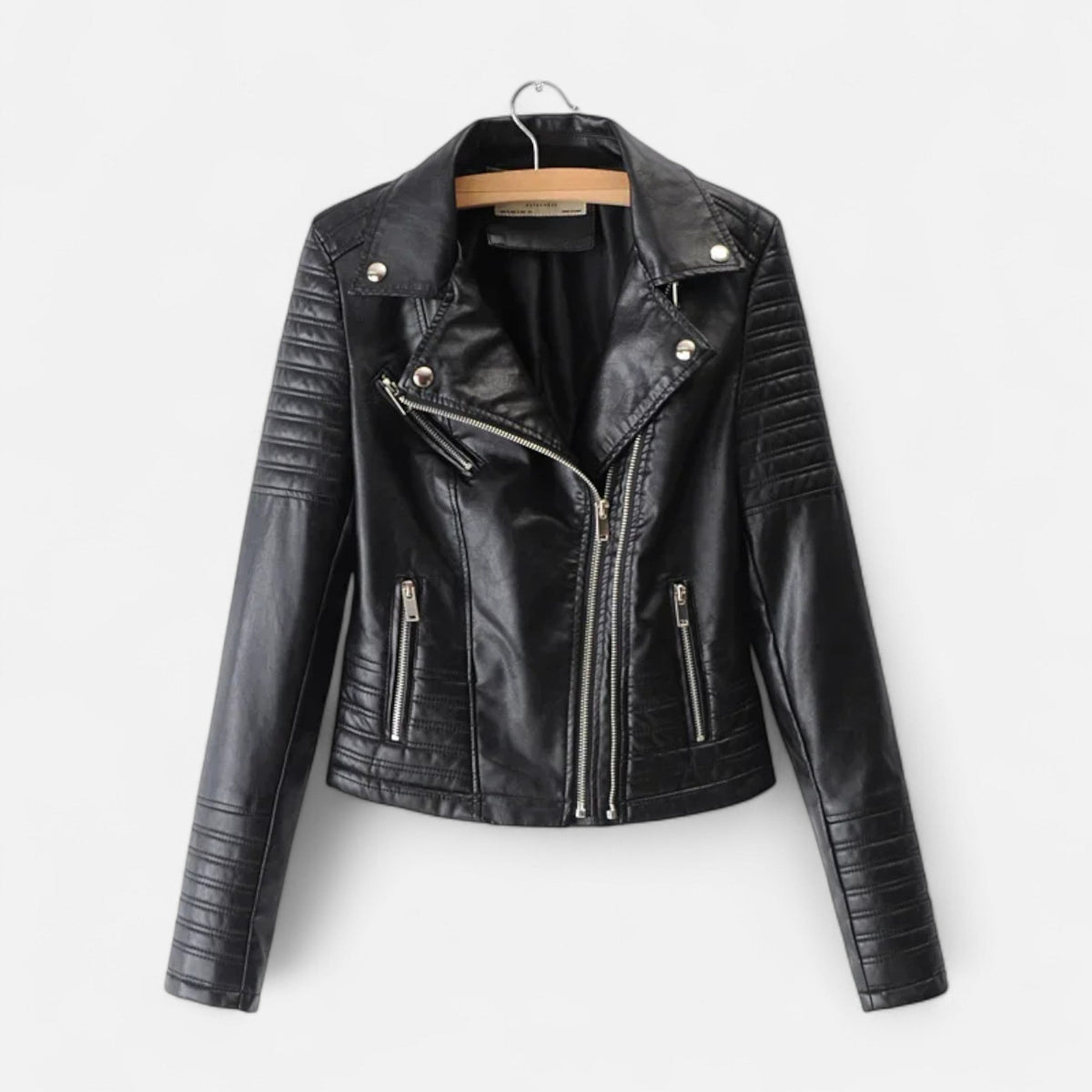 Chaqueta biker de cuero auténtico para mujer, manga larga, estructura definida