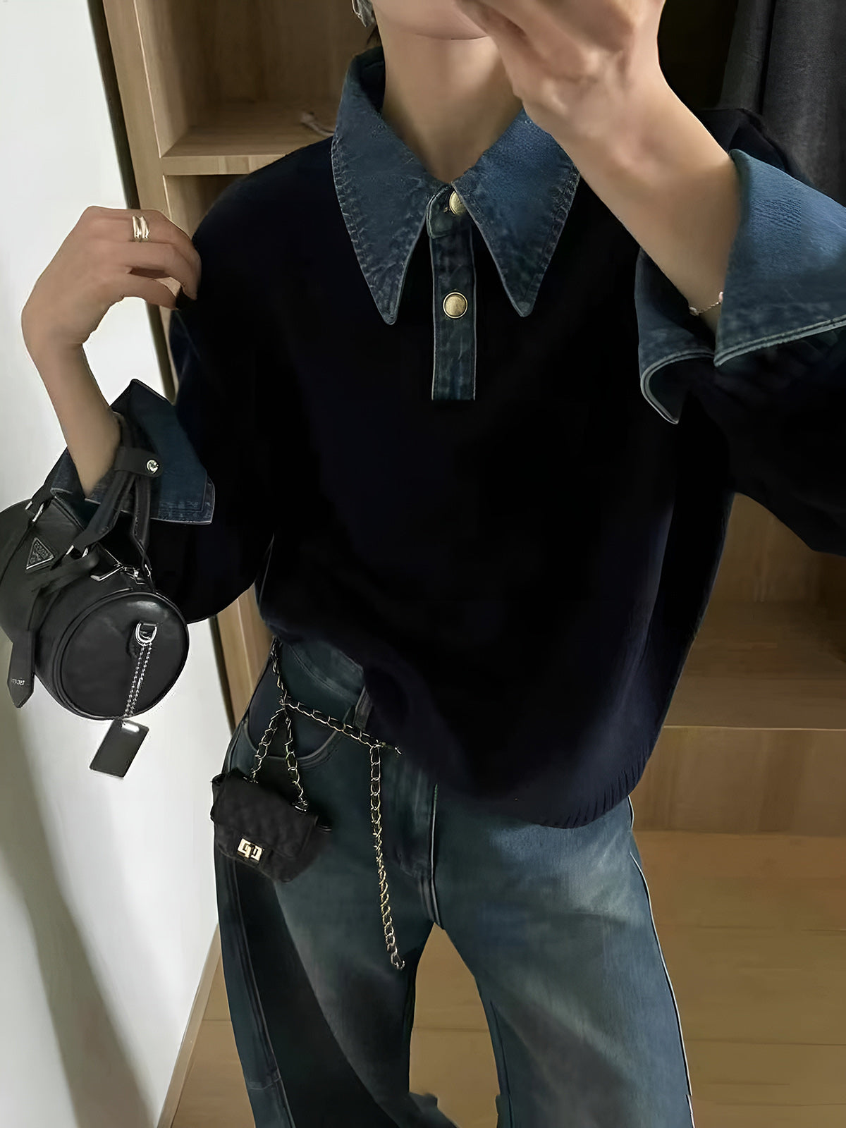 Women's Panel Lapel Sweater Layered Look Button Detail