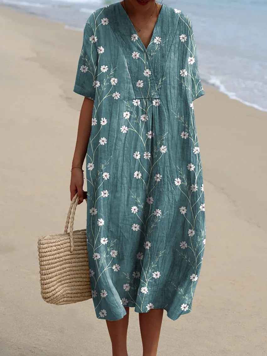 Vestido casual fluido para mujer con estampado floral vintage artístico