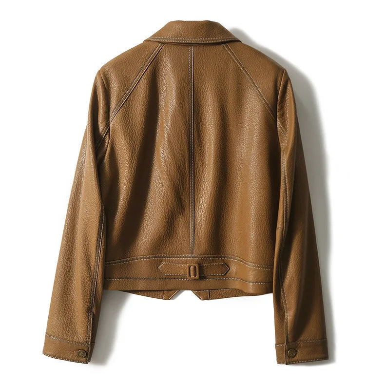 Women's Cropped Faux Leather Blazer Lapel Collar Seam Accents