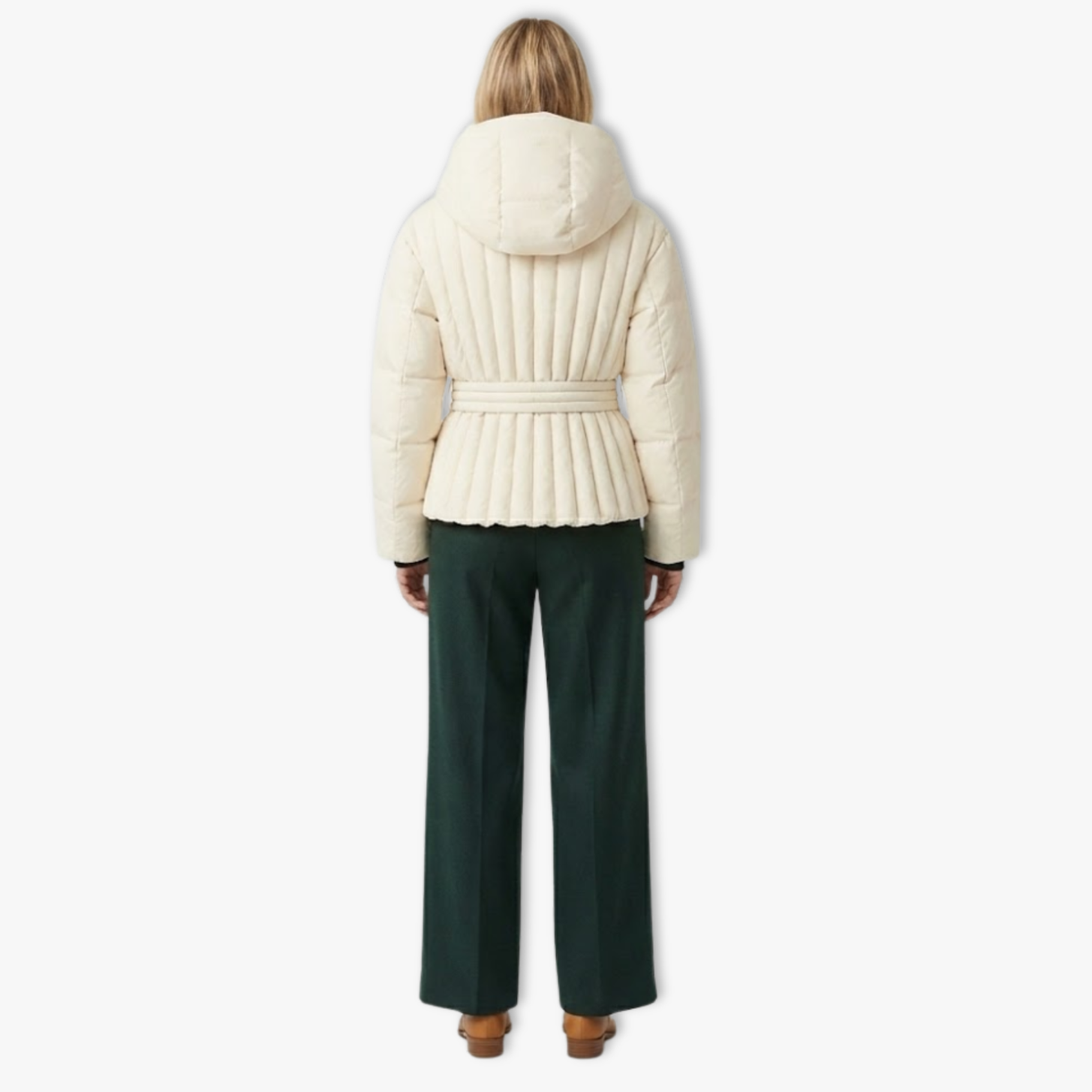 Giacca da sci peplum da donna con cappuccio, collo alto e vita con cintura