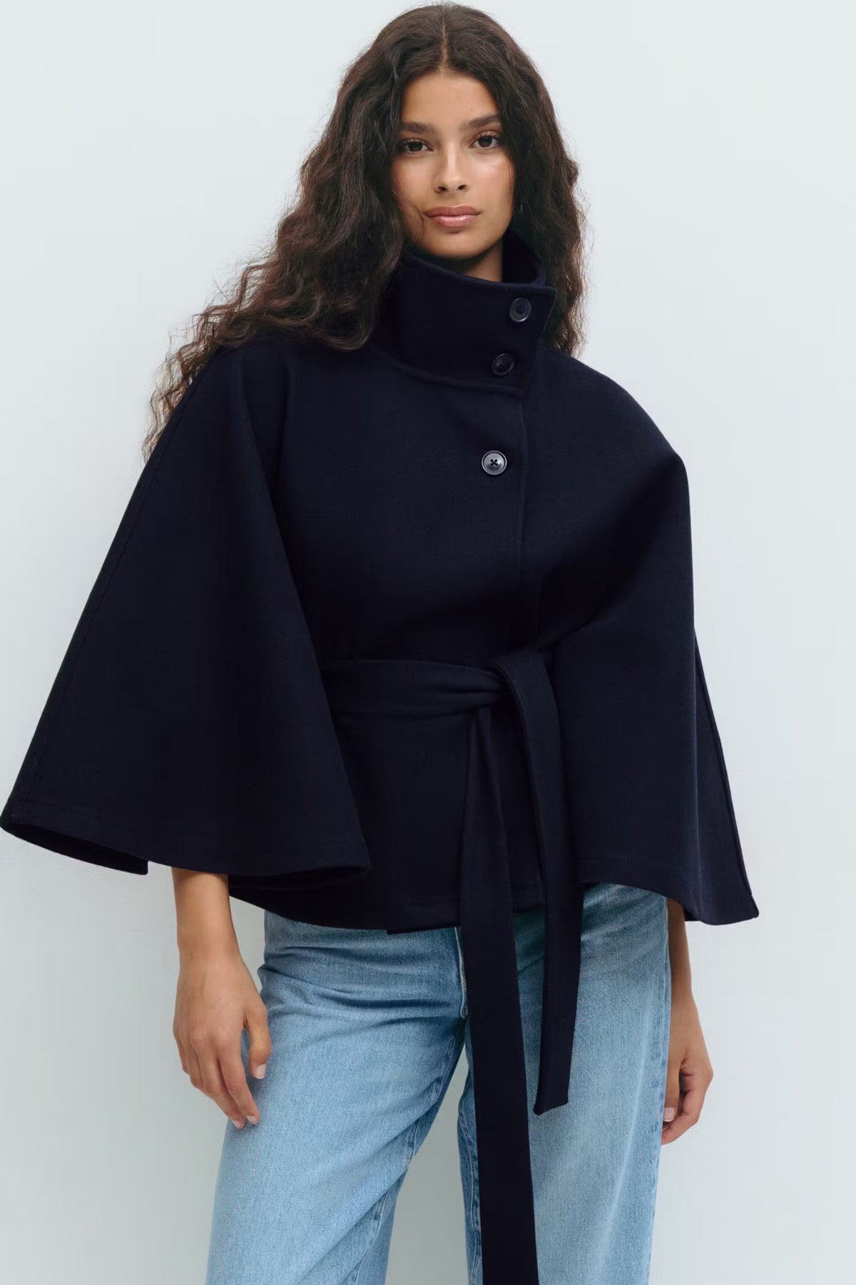 Women's Winter Cape Coat High Collar Belt Bow Regular Fit