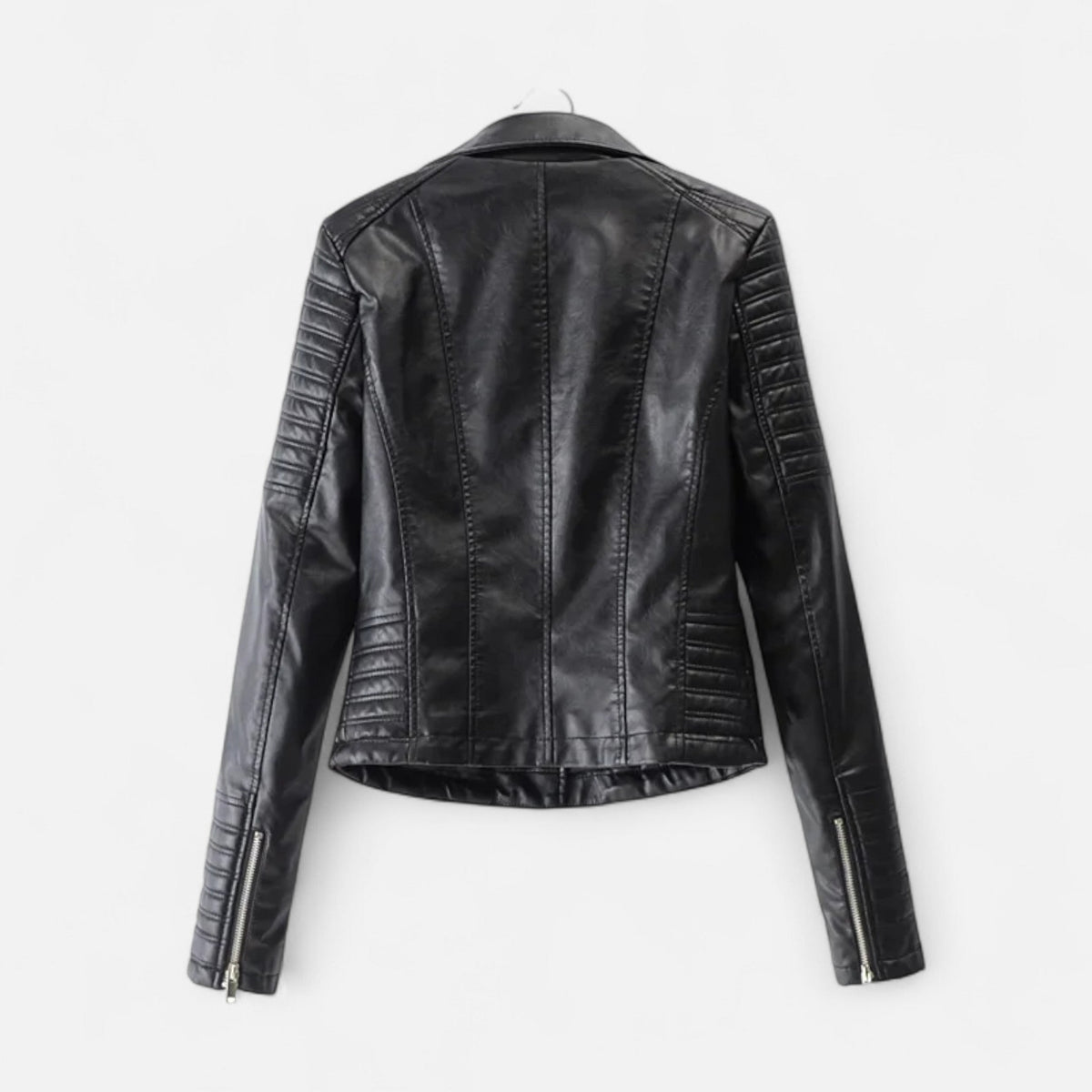 Chaqueta biker de cuero auténtico para mujer, manga larga, estructura definida