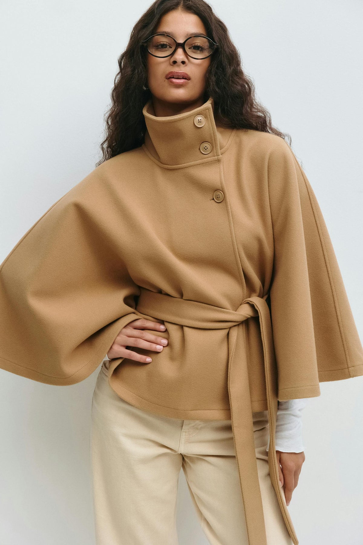 Women's Winter Cape Coat High Collar Belt Bow Regular Fit