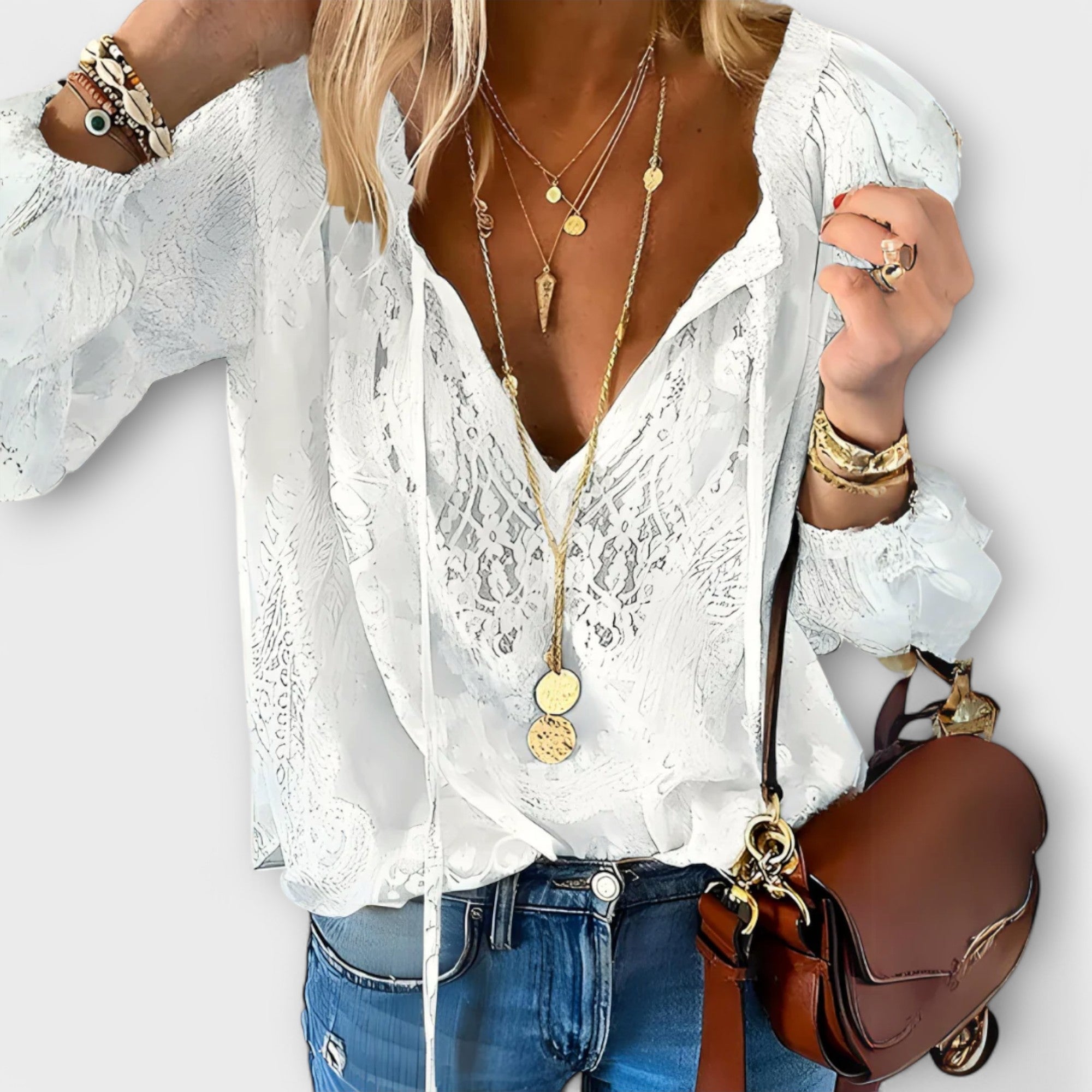 Women's Blouse Denim lace trim
