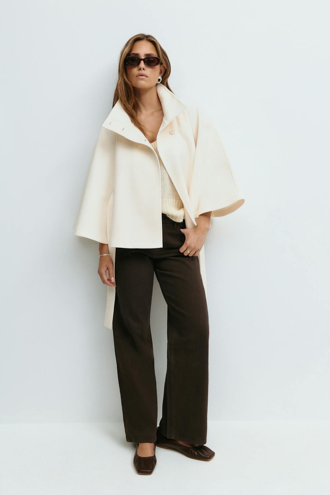 Women's Winter Cape Coat High Collar Belt Bow Regular Fit