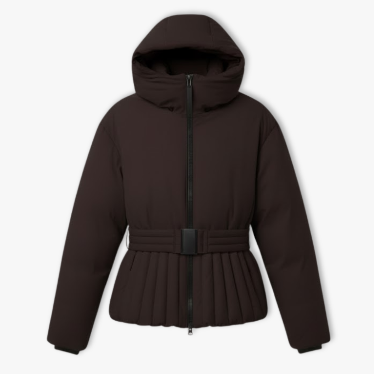 Giacca da sci peplum da donna con cappuccio, collo alto e vita con cintura