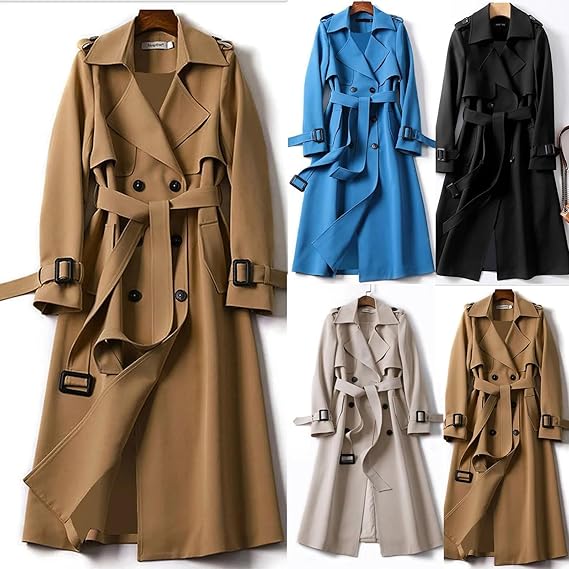 Women's Long Trench Coat with Double Button Closure