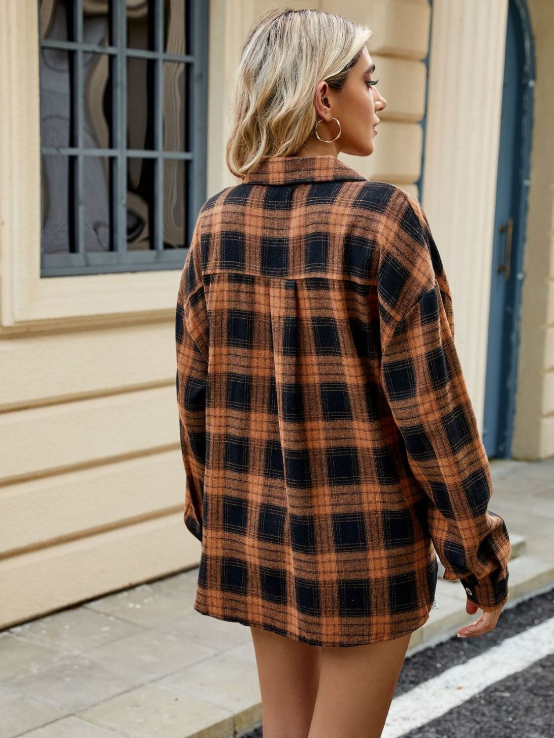 Women's Check Blouse Structured Collar Long Sleeve