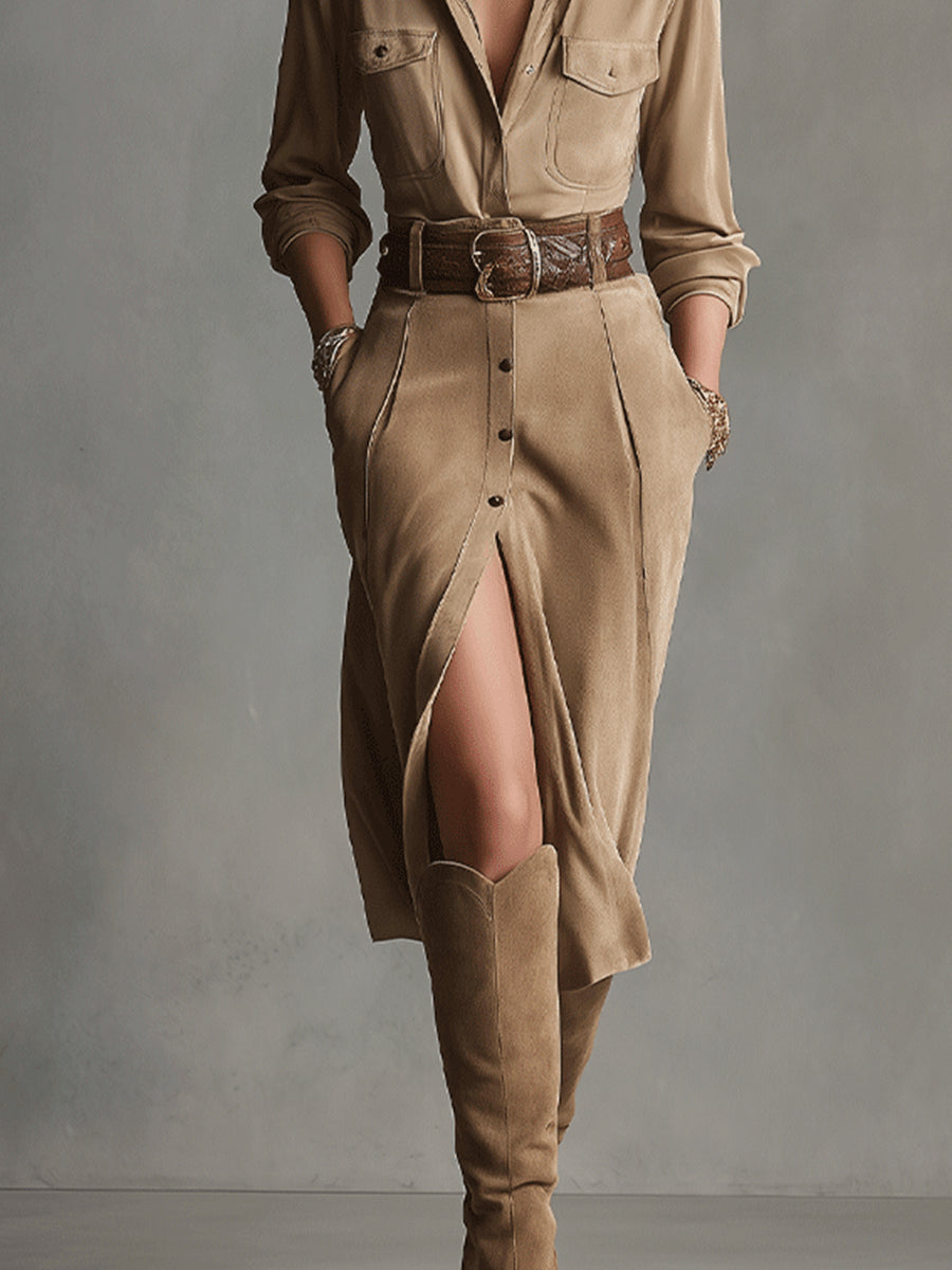 Women's Midi Dress Suede wrap front