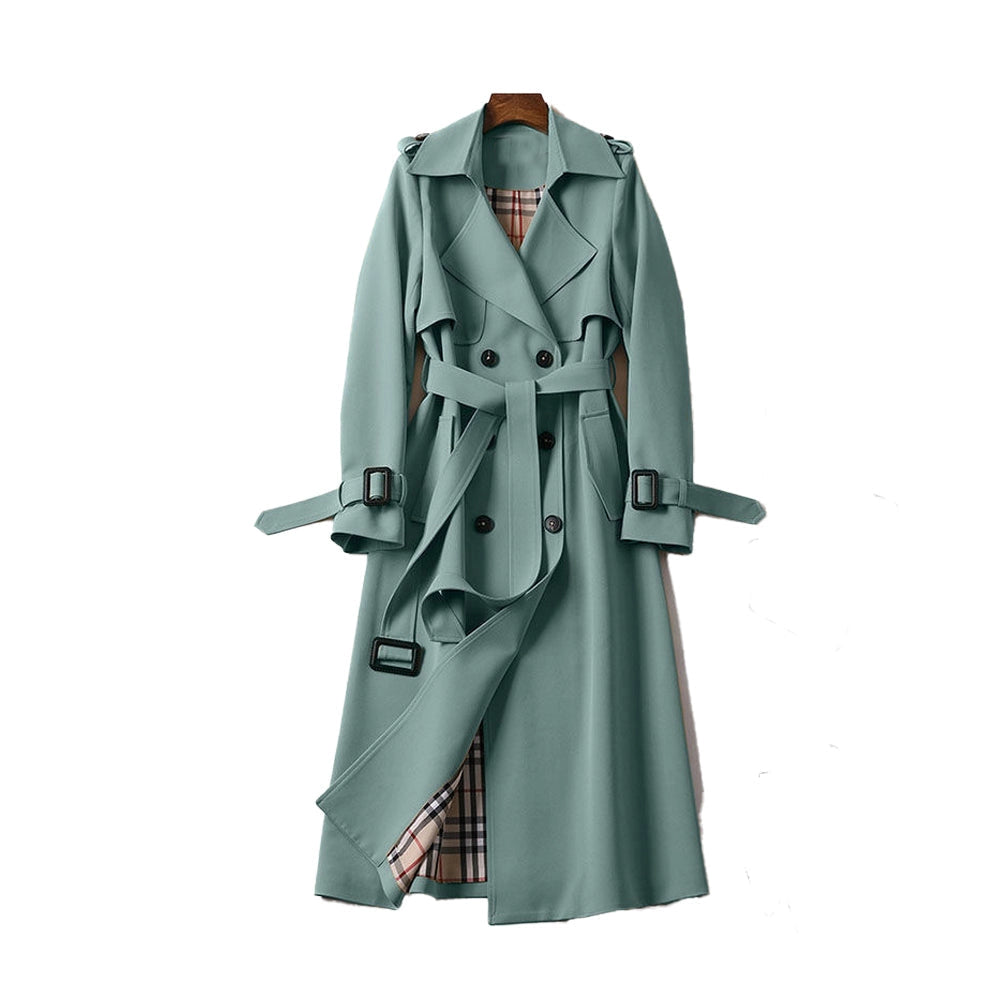 Women's Long Trench Coat with Double Button Closure