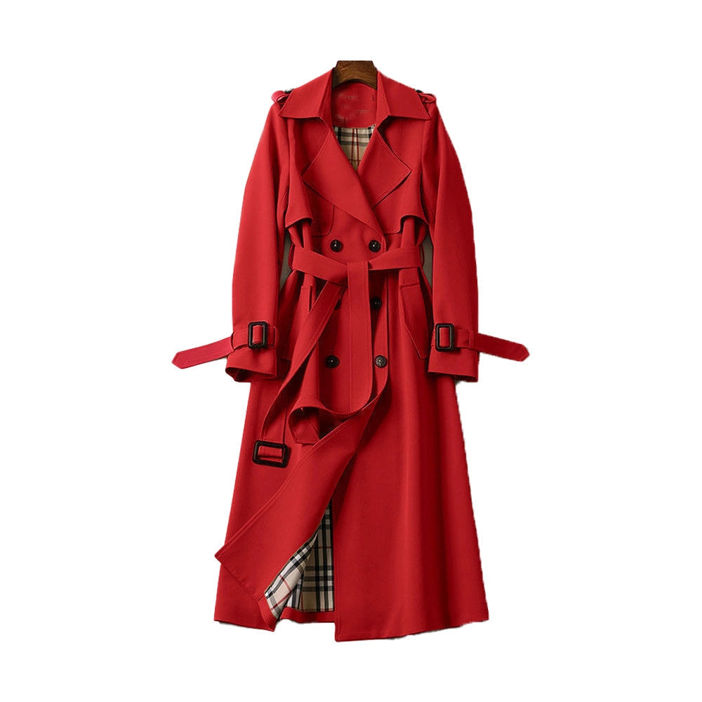 Women's Long Trench Coat with Double Button Closure
