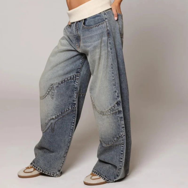 Jeans baggy da donna con cuciture decorative e vita elasticizzata, comodi