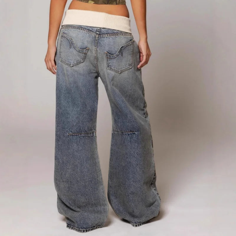 Jeans baggy da donna con cuciture decorative e vita elasticizzata, comodi