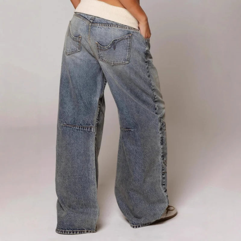 Jeans baggy da donna con cuciture decorative e vita elasticizzata, comodi