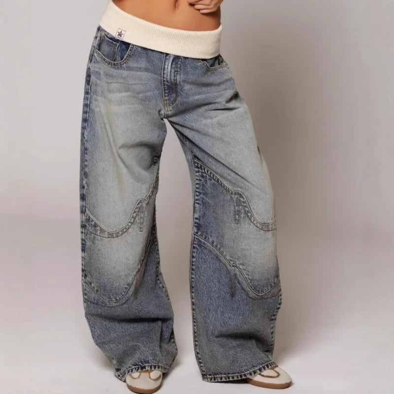 Jeans baggy da donna con cuciture decorative e vita elasticizzata, comodi