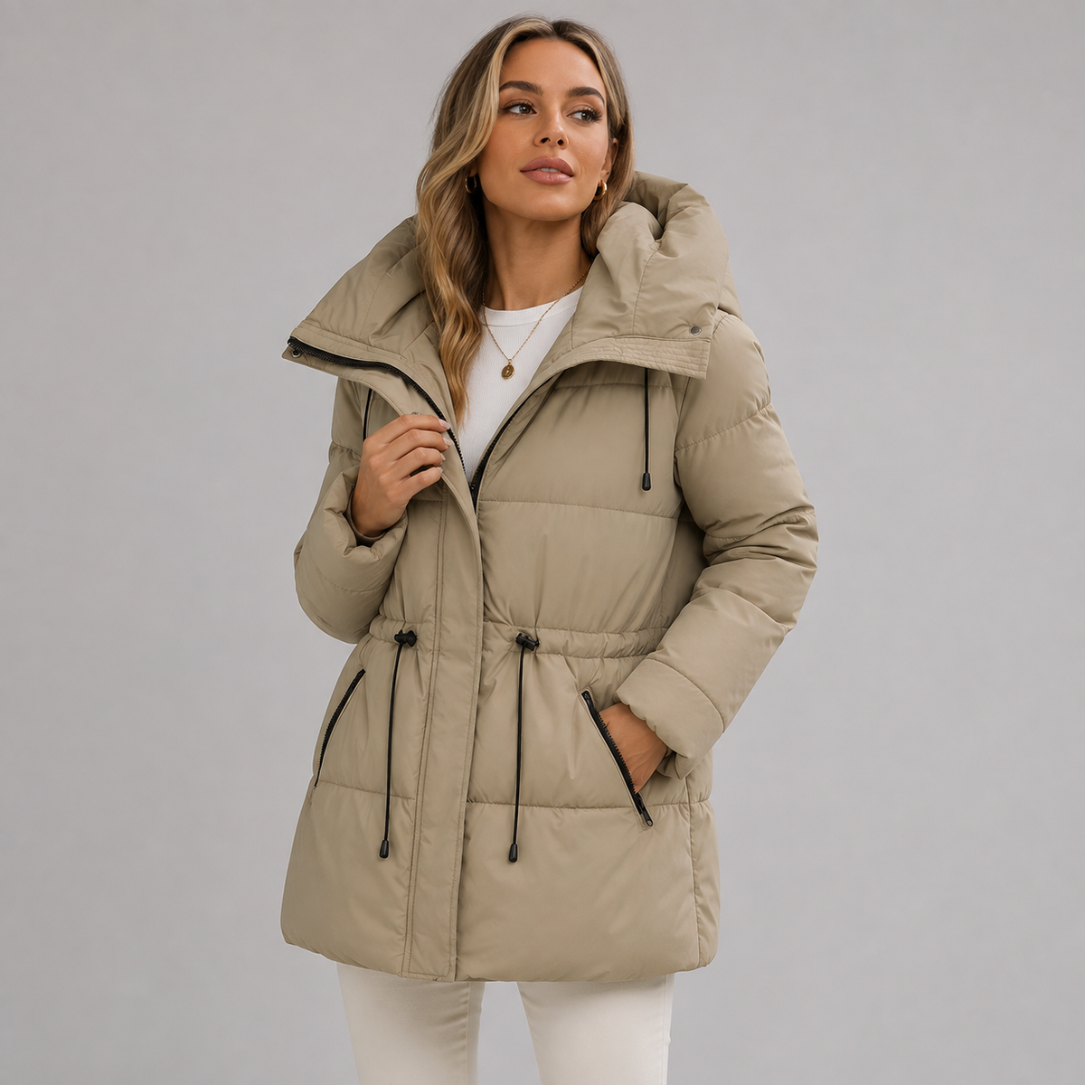 Parka da donna di media lunghezza con cappuccio e chiusura con cerniera