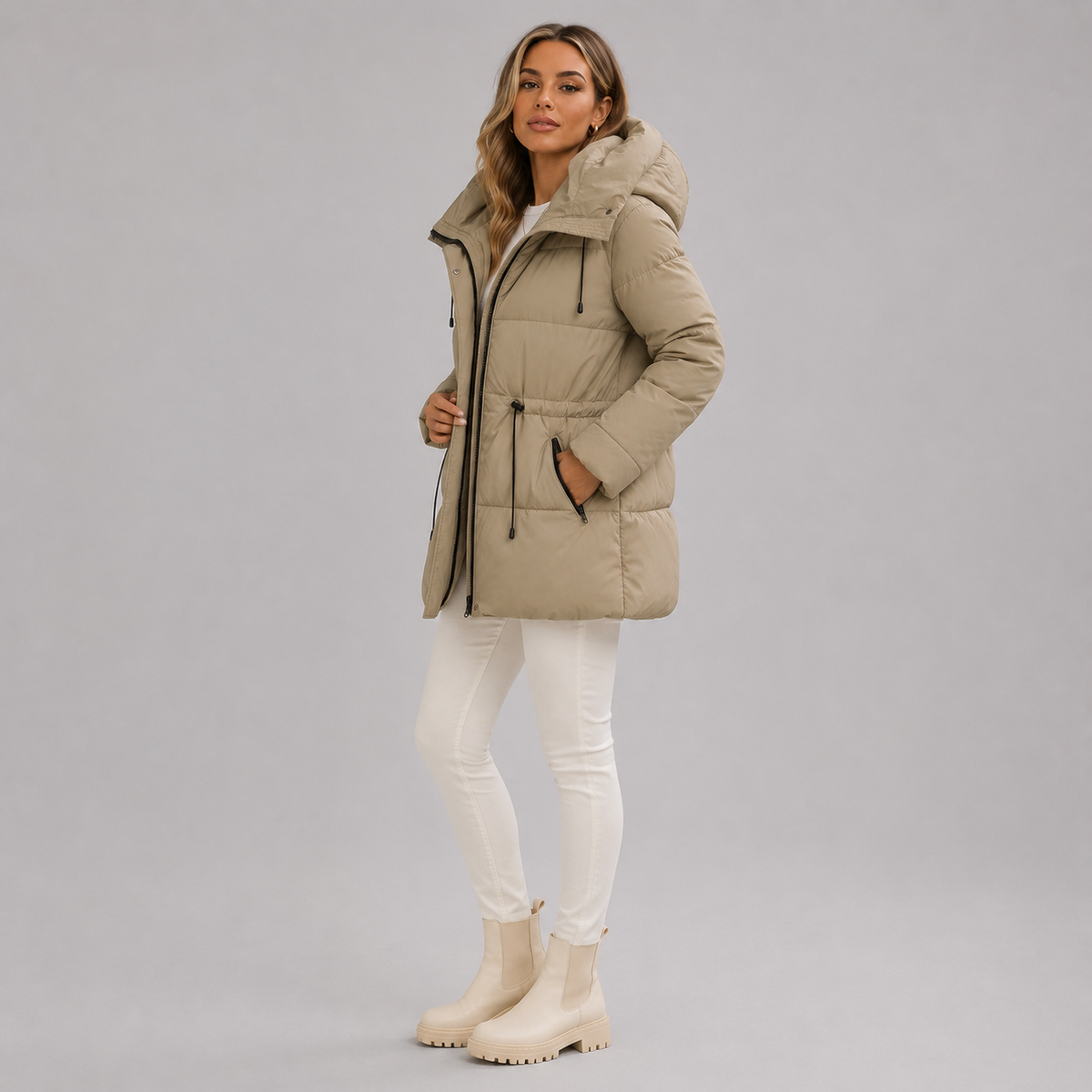 Parka da donna di media lunghezza con cappuccio e chiusura con cerniera