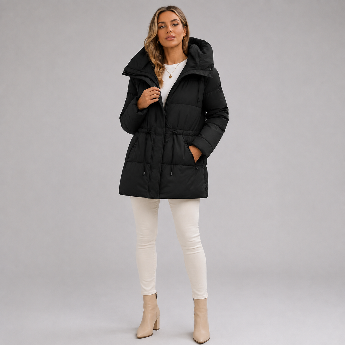 Parka da donna di media lunghezza con cappuccio e chiusura con cerniera