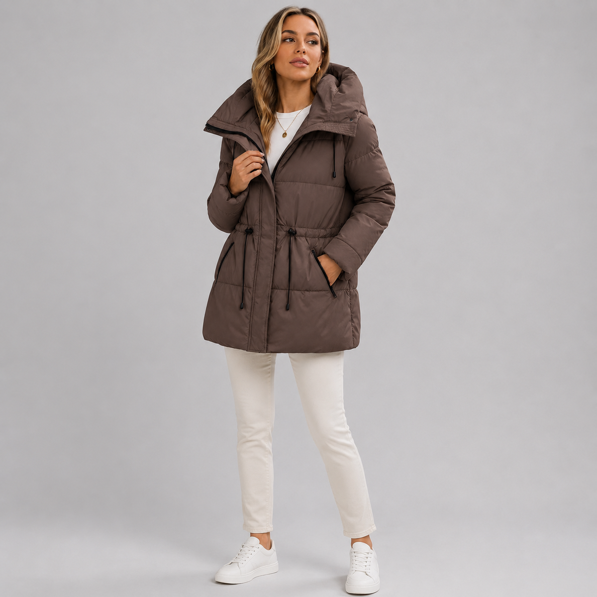 Parka da donna di media lunghezza con cappuccio e chiusura con cerniera