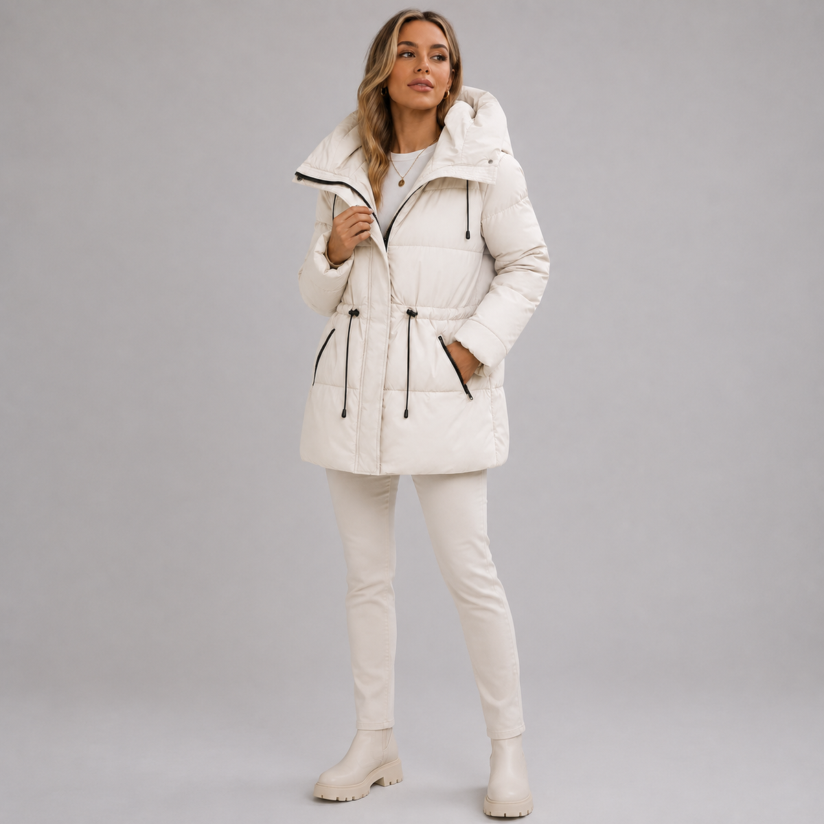 Parka da donna di media lunghezza con cappuccio e chiusura con cerniera